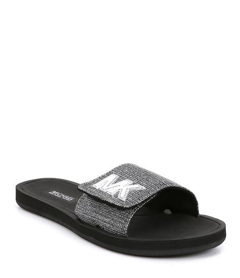 michael michael kors mk logo glitter slide sandals|michael kors black fuzzy slipper.